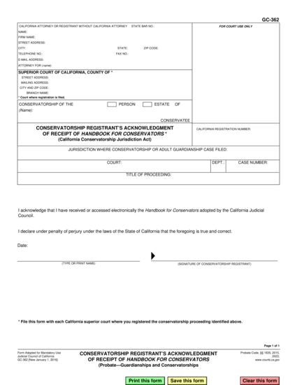 View GC-362 Conservatorship Registrant's Acknowledgment of Receipt of Handbook for Conservators form