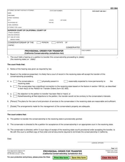 View GC-364 Provisional Order for Transfer (California Conservatorship Jurisdiction Act) form