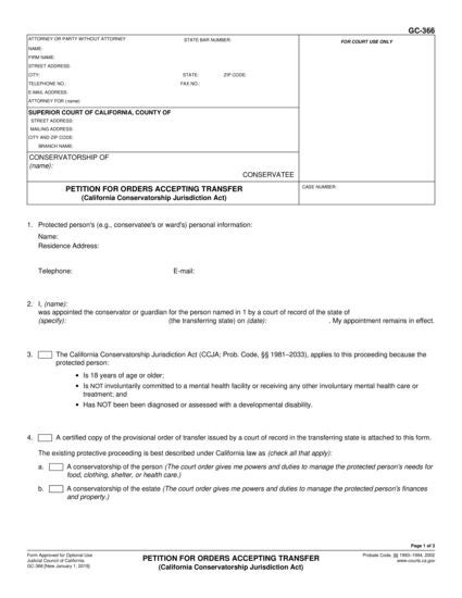 View GC-366 Petition for Orders Accepting Transfer (California Conservatorship Jurisdiction Act) form