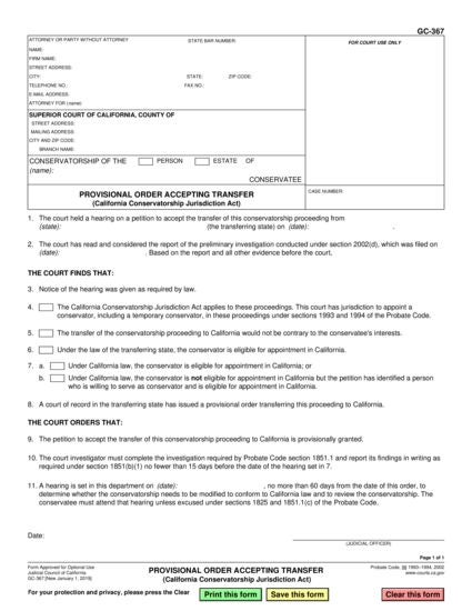 View GC-367  Provisional Order Accepting Transfer (California Conservatorship Jurisdiction Act) form