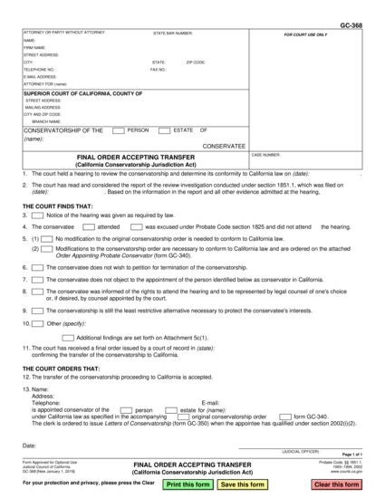 View GC-368 Final Order Accepting Transfer (California Conservatorship Jurisdiction Act) form