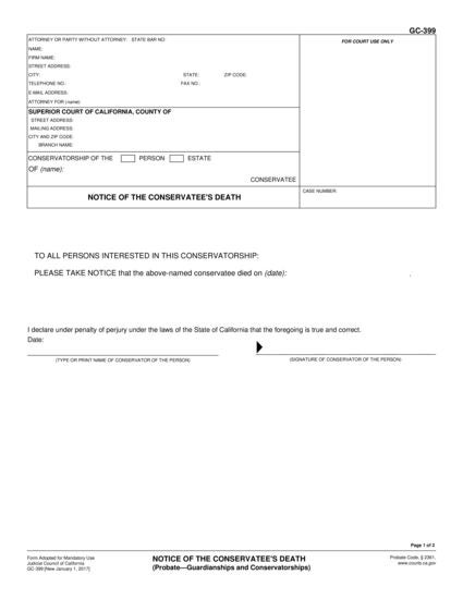 View GC-399 Notice of Conservatee's Death form