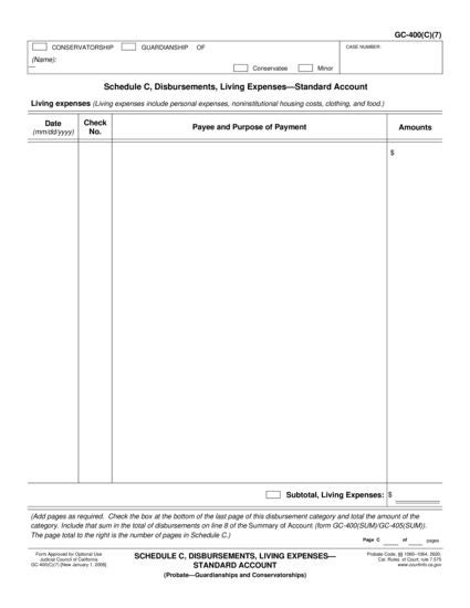 View GC-400(C)(7) Schedule C, Disbursements, Living Expenses—Standard Account form