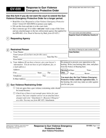 View GV-020 Response to Gun Violence Emergency Protective Order form