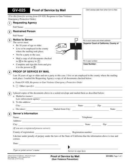 View GV-025 Proof of Service by Mail (Gun Violence Prevention) form