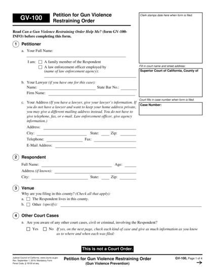 View GV-100 Petition for Gun Violence Restraining Order form