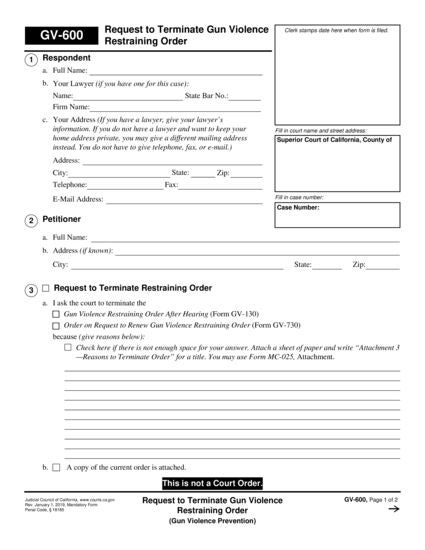 View GV-600 Request to Terminate Gun Violence Restraining Order form