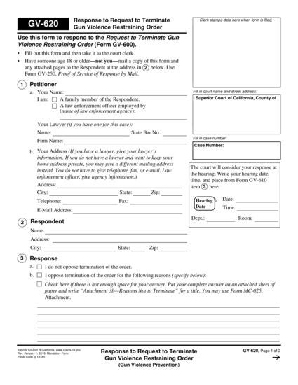 View GV-620 Response to Request to Terminate Gun Violence Restraining Order form