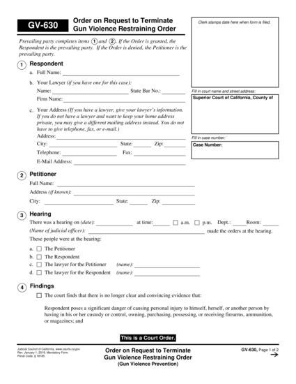 View GV-630 Order on Request to Terminate Gun Violence Restraining Order form