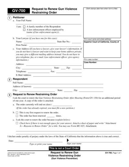 View GV-700 Request to Renew Gun Violence Restraining Order form