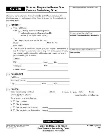View GV-730 Order on Request to Renew Gun Violence Restraining Order form