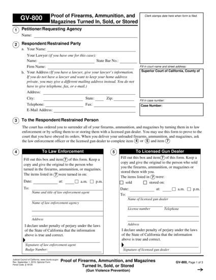 View GV-800 Receipt for Firearms, Firearm Parts, Ammunition, and Magazines form