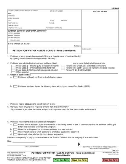 View HC-003 Petition for Writ Of Habeas Corpus—Penal Commitment (Mental Health) form