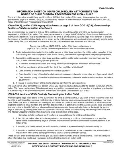 View ICWA-005-INFO Information Sheet on Indian Child Inquiry Attachments and Notice of Child Custody Proceeding for Indian Child form