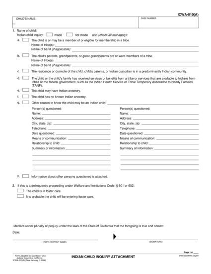 View ICWA-010(A) Indian Child Inquiry Attachment form
