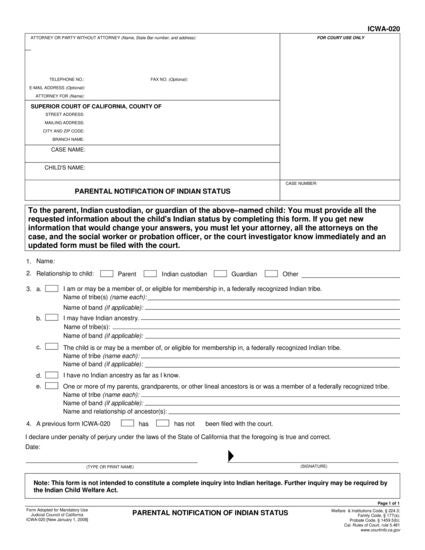 View ICWA-020 Parental Notification of Indian Status form
