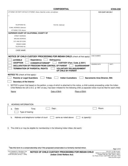 View ICWA-030 Notice of Child Custody Proceeding for Indian Child (Indian Child Welfare Act) form