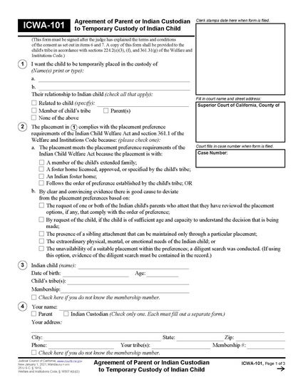 View ICWA-101 Agreement of Parent or Indian Custodian to Temporary Custody of Indian Child form