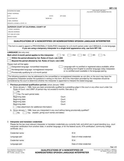 View INT-110 Qualifications of a Noncertified or Nonregistered Spoken Language Interpreter form