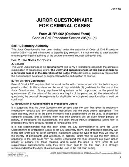 View JURY-002 Juror Questionnaire for Criminal Cases/Capital Case Supplement form
