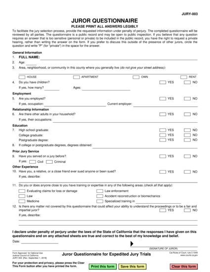 View JURY-003 Juror Questionnaire for Expedited Jury Trials form