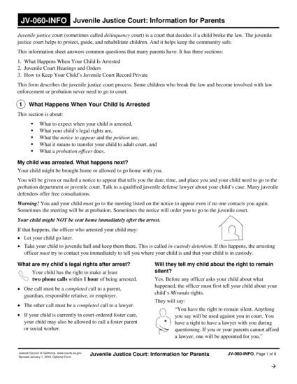 View JV-060-INFO Juvenile Justice Court—Information for Parents form