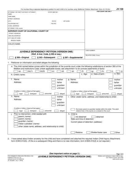 View JV-100 Juvenile Dependency Petition (Version One) form
