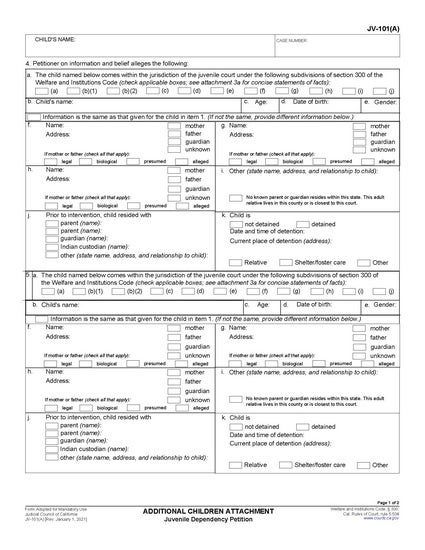 View JV-101(A) Additional Children Attachment—Juvenile Dependency Petition form