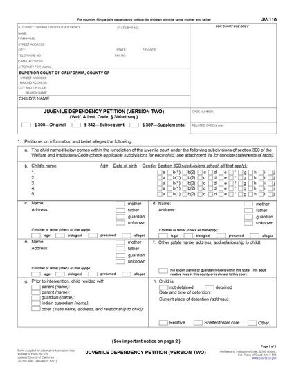 View JV-110 Juvenile Dependency Petition (Version Two) form