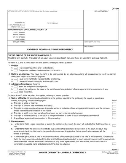 View JV-190 Waiver of Rights—Juvenile Dependency form