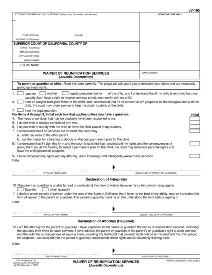 View JV-195 Waiver of Reunification Services form