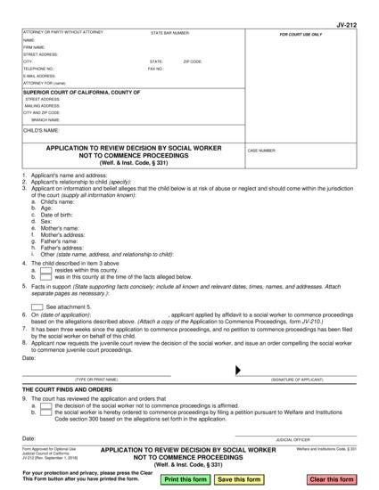 View JV-212 Application to Review Decision by Social Worker Not to Commence Proceedings form