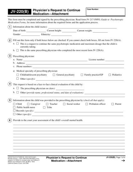 View JV-220(B) Physician's Request to Continue Medication—Attachment form