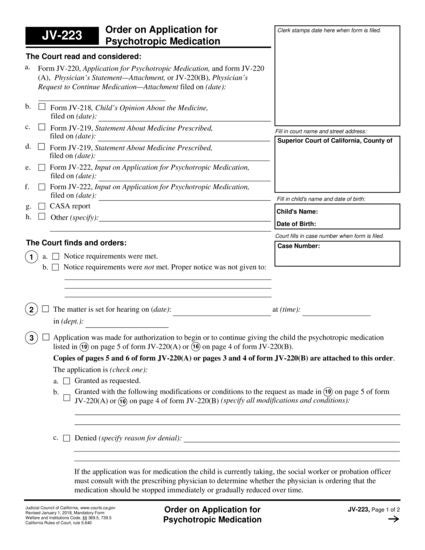 View JV-223 Order on Application for Psychotropic Medication form