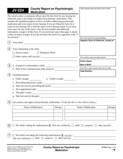 View JV-224 County Report on Psychotropic Medication form