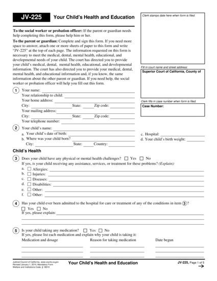 View JV-225 Your Child's Health and Education form