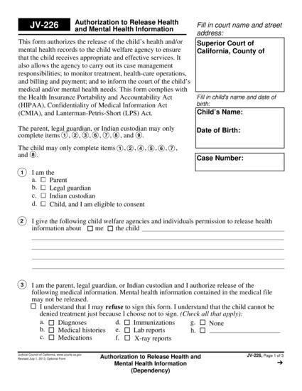 View JV-226 Authorization to Release Health and Mental Health Information form