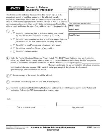 View JV-227 Consent to Release Education Information form