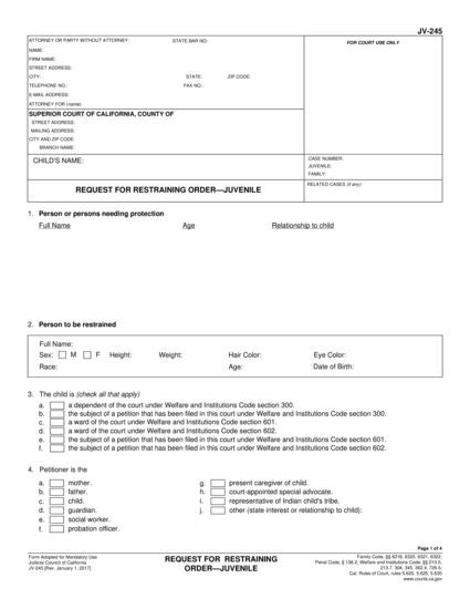View JV-245 Request For Juvenile Restraining Order form