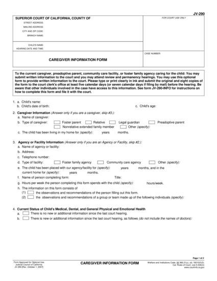 View JV-290 Caregiver Information Form form