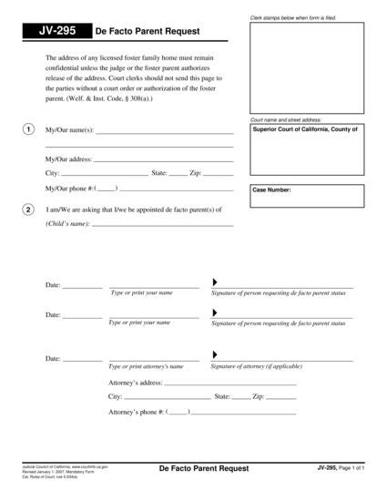 View JV-295 De Facto Parent Request form