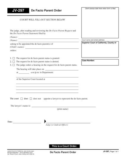View JV-297 De Facto Parent Order form