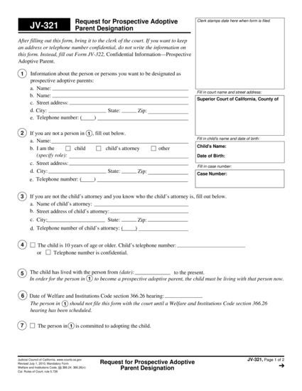 View JV-321 Request for Prospective Adoptive Parent Designation form
