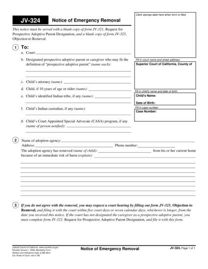 View JV-324 Notice of Emergency Removal form