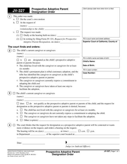 View JV-327 Prospective Adoptive Parent Designation Order form