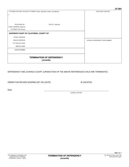 View JV-364 Termination of Dependency for Adoption (Juvenile) form