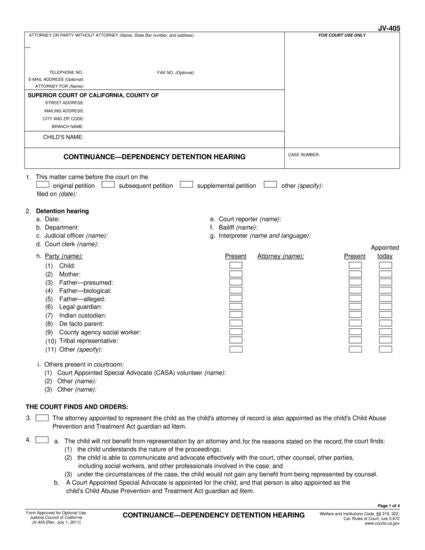 View JV-405 Continuance—Continuance—Dependency Detention Hearing form