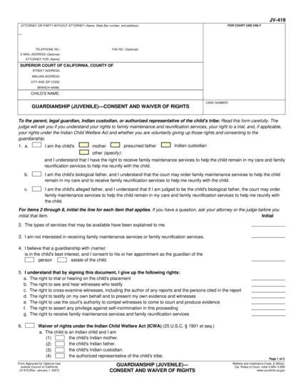 View JV-419 Guardianship—Consent and Waiver of Rights form