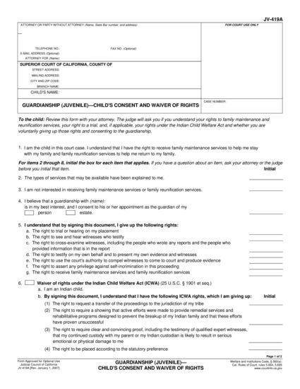 View JV-419A Guardianship—Child's Consent and Waiver of Rights form