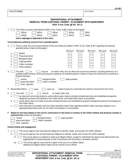 View JV-421 Dispositional Attachment: Removal From Custodial
Parent—Placement With Nonparent (Welf. & Inst. Code, §§ 361,
361.2) form